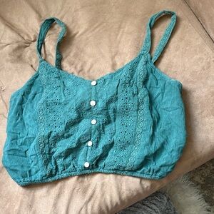 Teal Eyelet Linen-Blend Crop Tank Top